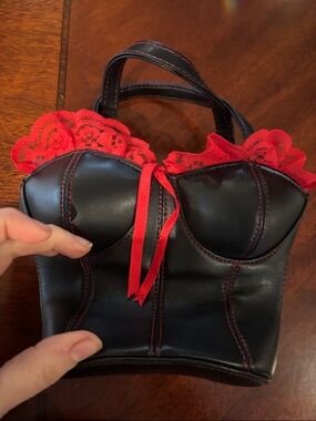 Black Faux Leather Bustier Mini Handbag with Red Lace Trim corset on back
